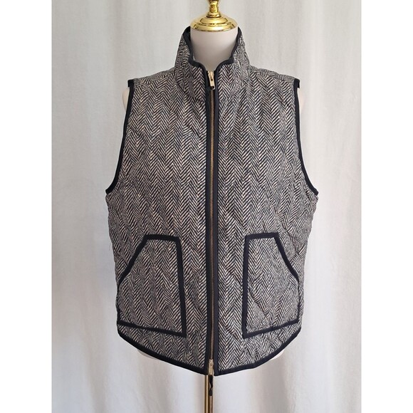 J.Crew Down Filled Vest Black Tan Herringbone 2 Way Zip Snap Pockets Size L Vest - Picture 1 of 10